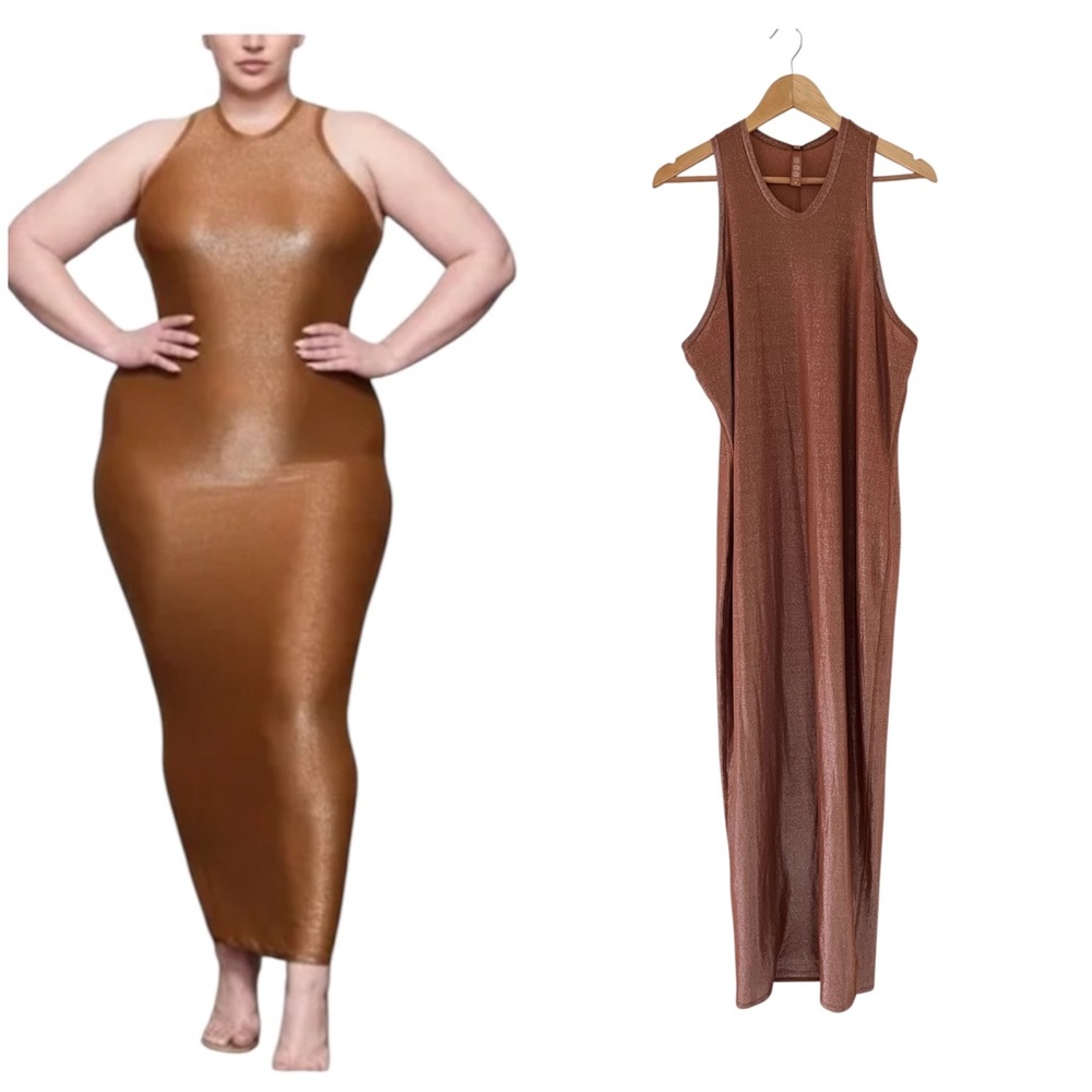 Skims Copper Metallic Sleeveless Maxi Lightweight Knit Stretchy Dress 4X